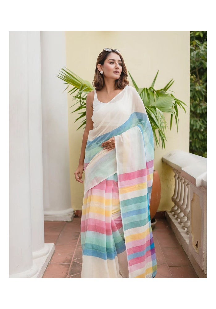 Malishka Export ساري قطن ولينين متعدد الألوان للنساء - Image 1